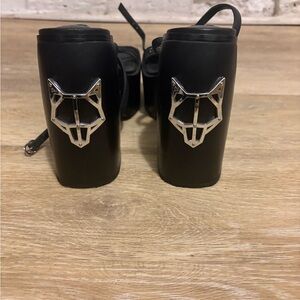 Naked Wolfe Black Sandals with Silver Wolf Detail